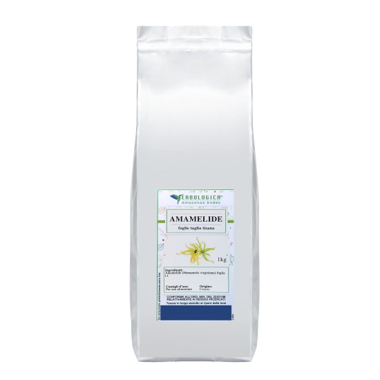 Pack argento da 1 kg di Amamelide foglie taglio tisana Erbologica Amazonas Andes con etichetta frontale illustrata.