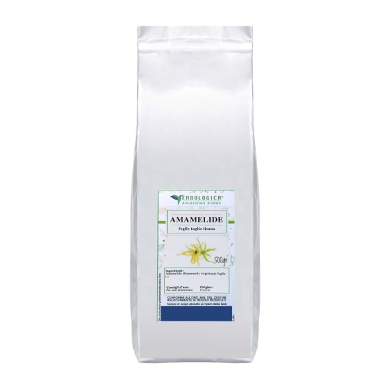 Confezione argento da 500 g di Amamelide foglie taglio tisana Erbologica Amazonas Andes con grafica botanica frontale