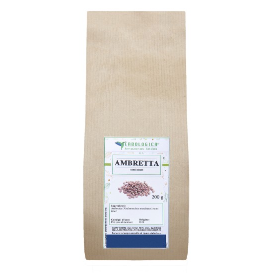 Busta kraft da 200 g di Ambretta semi interi Erbologica Amazonas Andes con immagine dei semi in etichetta.