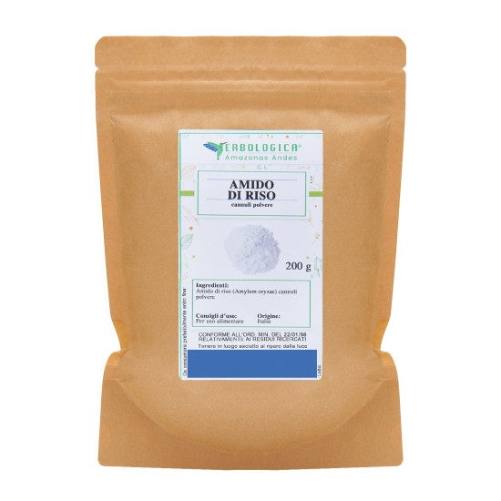 Pouch kraft da 200 g di Amido di riso cannuli in polvere Erbologica Amazonas Andes con etichetta illustrata frontale.