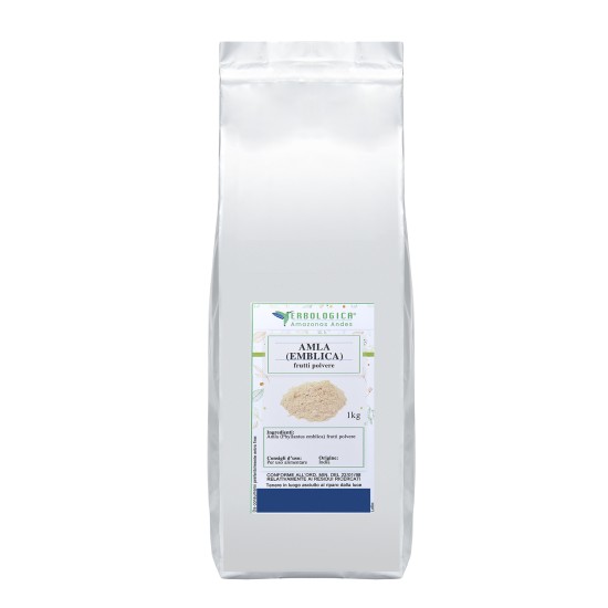 Sacco argento da 1 kg di Amla (Emblica) frutti in polvere Erbologica Amazonas Andes con etichetta illustrata frontale.