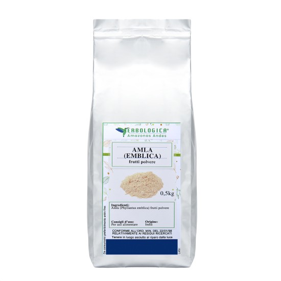 Confezione argento da 500 g di Amla (Emblica) frutti in polvere Erbologica Amazonas Andes con etichetta botanica frontale.
