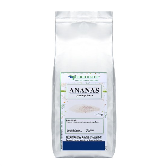 Sacco argento da 500 g di Ananas gambo in polvere Erbologica Amazonas Andes con etichetta frontale del prodotto.