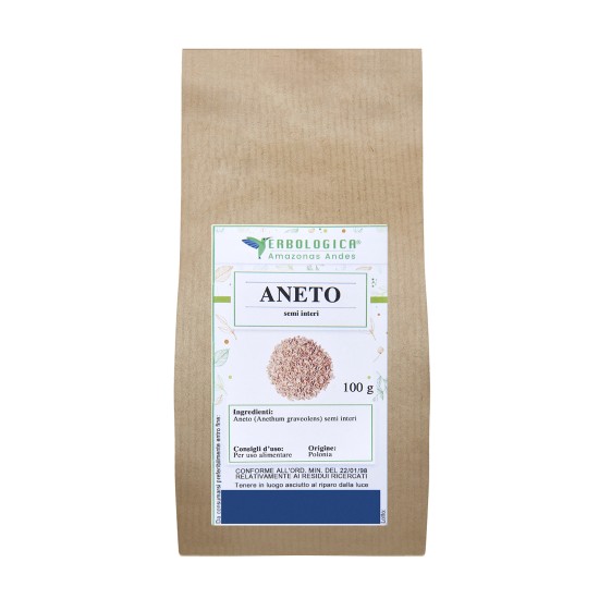 Aneto semi interi 100 g Erbologica Amazonas Andes Confezione Kraft da 100 g di semi interi di aneto Erbologica Amazonas Andes con etichetta frontale del prodotto.