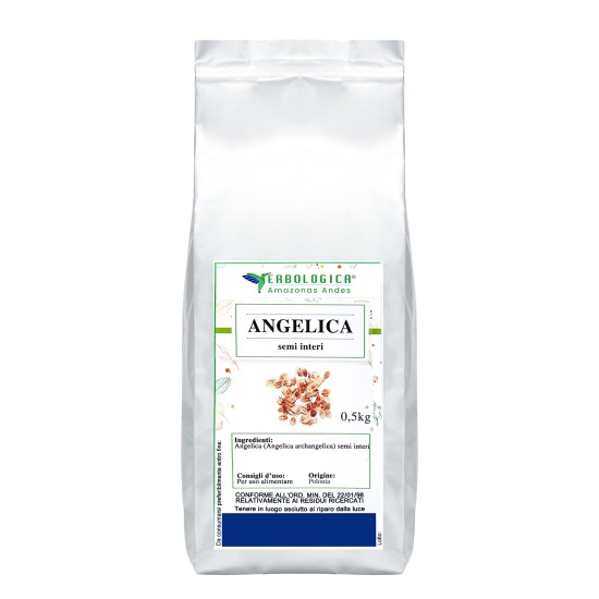 Angelica semi interi 500 g Erbologica Amazonas Andes Sacchetto argentato da 500 g di semi interi di Angelica Erbologica Amazonas Andes con etichetta frontale del prodotto.