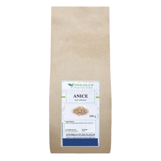 Confezione di anice semi verdi interi Erbologica Amazonas Andes da 200 g in busta kraft.