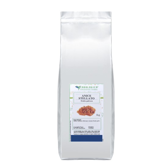 Anice stellato frutto polvere 1 kg in busta argento Erbologica Amazonas Andes Busta argento Erbologica Amazonas Andes con etichetta di anice stellato frutto polvere da 1 kg su sfondo bianco.