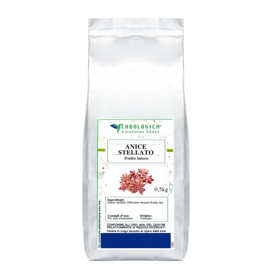 Anice stellato frutto intero 500 g in busta argento Erbologica Amazonas Andes Busta argento Erbologica Amazonas Andes con etichetta di anice stellato frutto intero da 500 g su sfondo bianco.