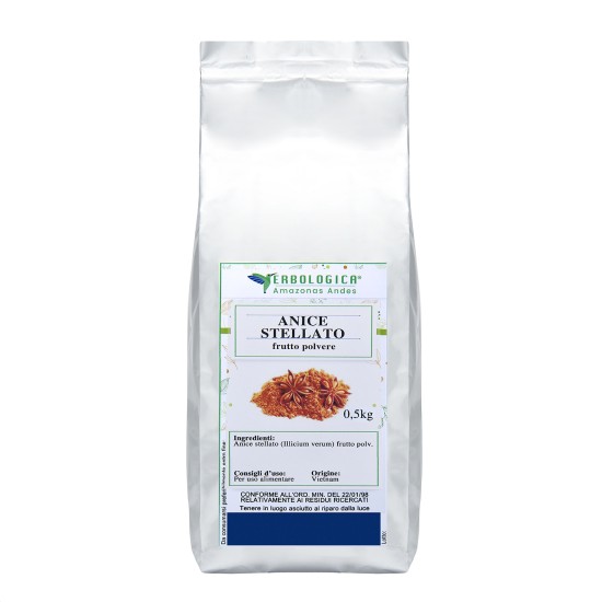Anice stellato frutto polvere 500 g in busta argento Erbologica Amazonas Andes Busta argento Erbologica Amazonas Andes con etichetta di anice stellato frutto polvere da 500 g su sfondo bianco.