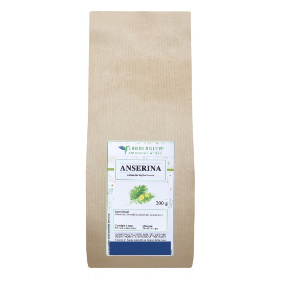 Anserina sommità taglio tisana 200 g in busta kraft Erbologica Amazonas Andes Busta kraft Erbologica Amazonas Andes con etichetta di anserina sommità taglio tisana da 200 g su sfondo bianco.
