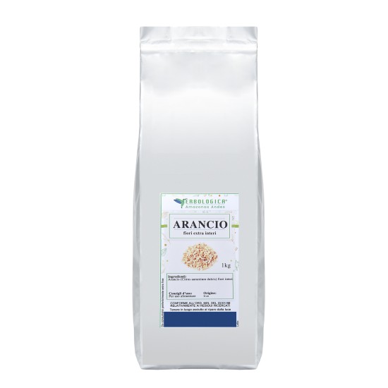 Confezione argentata con Arancio fiori extra interi 1 kg Erbologica Amazonas Andes.