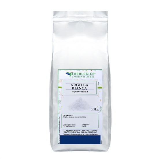 Argilla Bianca Superventilata 500 gr Busta argentata Erbologica Amazonas Andes con Argilla Bianca Superventilata 500 gr