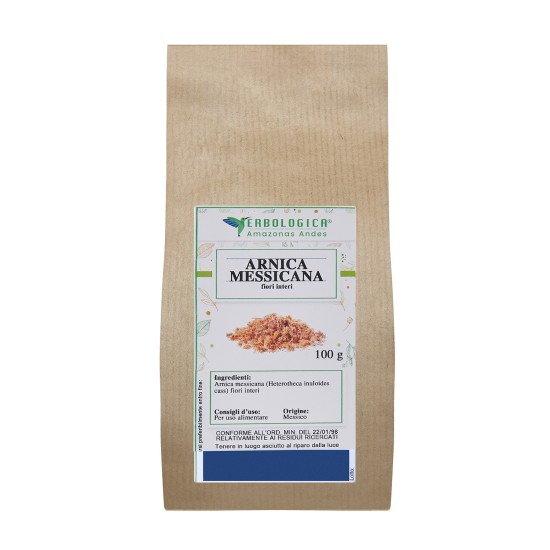 Confezione di Arnica Messicana fiori taglio tisana Erbologica da 100g in busta kraft con etichetta frontale bianca.