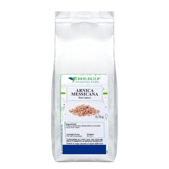 Busta argentata da 500g di Arnica Messicana fiori interi Erbologica Amazonas Andes con etichetta frontale bianca.