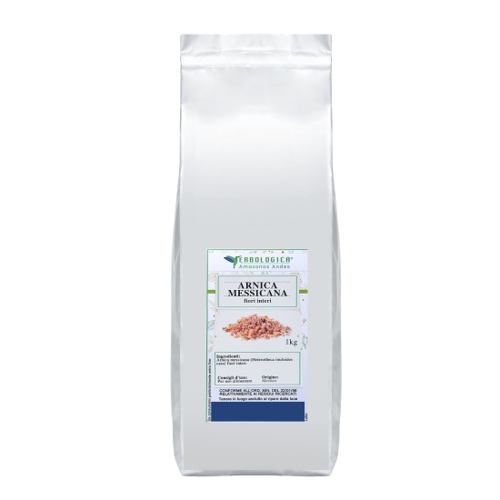 Confezione argentata da 1kg di Arnica Messicana fiori interi Erbologica Amazonas Andes con etichetta frontale bianca.