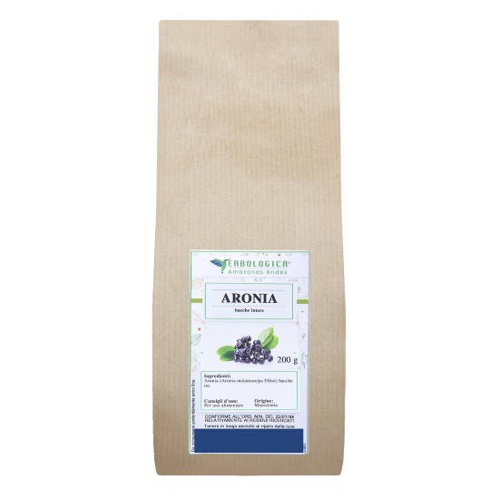 Sacchetto kraft da 200g di Aronia bacche intere Erbologica Amazonas Andes con etichetta frontale bianca.