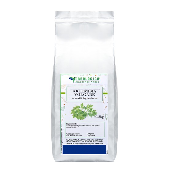 Artemisia Volgare Sommità Taglio Tisana Erbologica Amazonas Andes 500g Confezione argentata da 500g di Artemisia Volgare sommità taglio tisana Erbologica Amazonas Andes con etichetta frontale botanica.