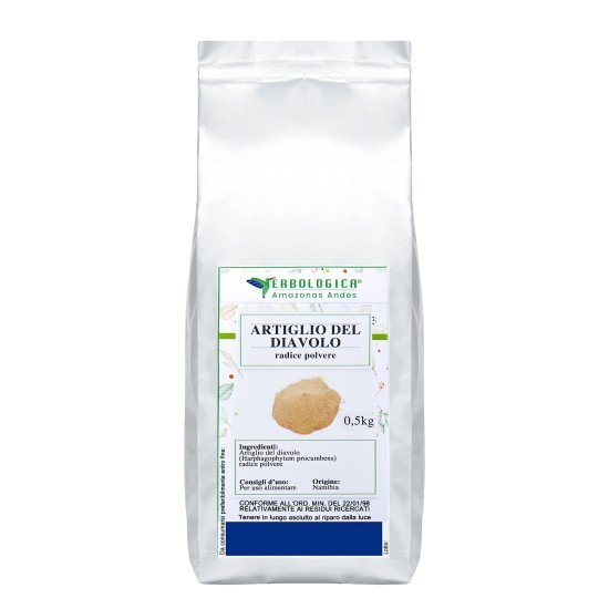 Confezione argentata da 500g di Artiglio del Diavolo radice polvere Erbologica Amazonas Andes con etichetta botanica frontale.