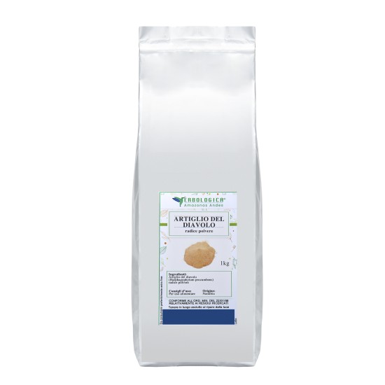 Busta argentata da 1kg di Artiglio del Diavolo radice polvere Erbologica Amazonas Andes con etichetta botanica frontale.