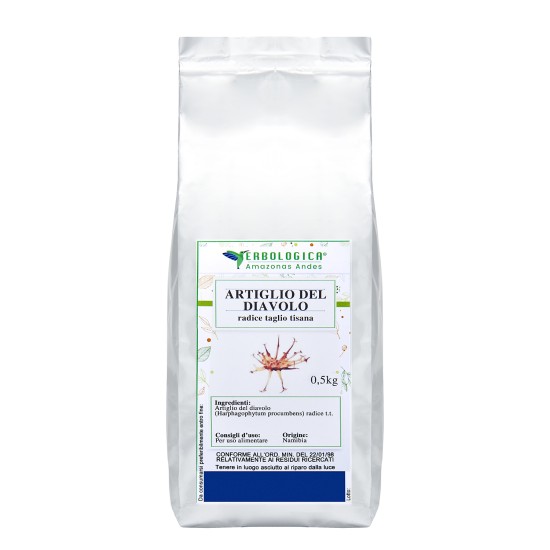Artiglio del Diavolo Radice Taglio Tisana Erbologica Amazonas Andes 500g Confezione argentata da 500g di Artiglio del Diavolo radice taglio tisana Erbologica Amazonas Andes con etichetta botanica frontale.