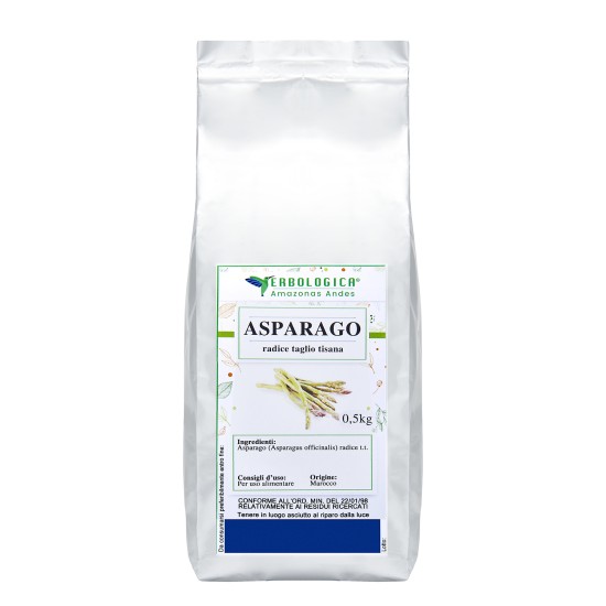 Asparago Radice Taglio Tisana Erbologica Amazonas Andes 500g Confezione argentata da 500g di Asparago radice taglio tisana Erbologica Amazonas Andes con etichetta botanica frontale.