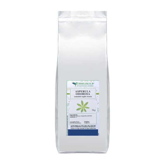 Asperula Odorosa Sommità Taglio Tisana Erbologica Amazonas Andes 1kg Busta argentata da 1kg di Asperula Odorosa sommità taglio tisana Erbologica Amazonas Andes con etichetta botanica frontale.