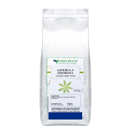 Asperula Odorosa Sommità Taglio Tisana Erbologica Amazonas Andes 500g Confezione argentata da 500g di Asperula Odorosa sommità taglio tisana Erbologica Amazonas Andes con etichetta botanica frontale.