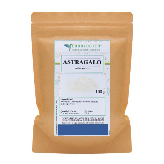 Astragalo Radice Polvere Erbologica Amazonas Andes 100g Busta Kraft Sacchetto kraft da 100g di Astragalo radice polvere Erbologica Amazonas Andes con etichetta frontale botanica.