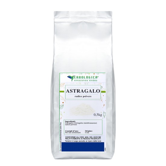 Astragalo radice polvere 500g confezione argentata Erbologica Busta argentata da 500 g di Astragalo radice polvere Erbologica Amazonas Andes con etichetta frontale botanica.