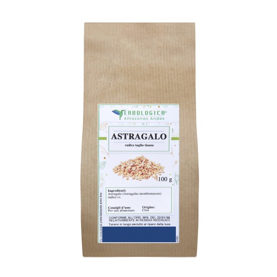 Astragalo Radice Taglio Tisana Erbologica Amazonas Andes 100g Sacchetto Kraft Busta di carta kraft da 100g di Astragalo radice taglio tisana Erbologica Amazonas Andes con etichetta frontale botanica.