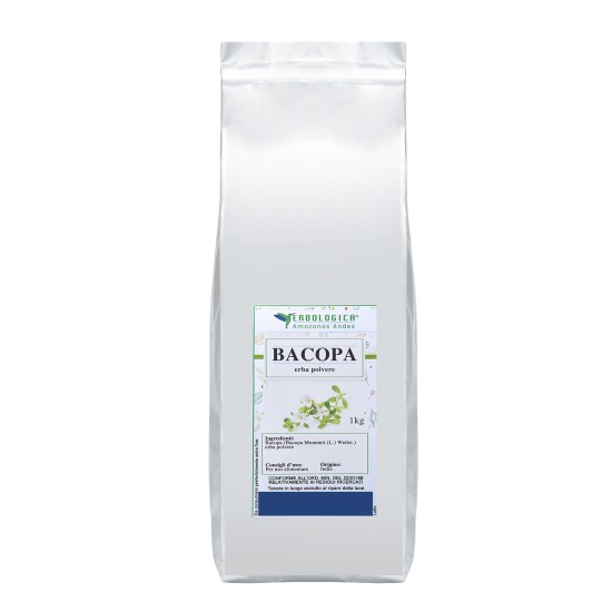 Bacopa Erba in Polvere 1kg Erbologica Amazonas Andes Sacchetto da 1kg di Bacopa erba in polvere Erbologica in confezione argentata formato convenienza.