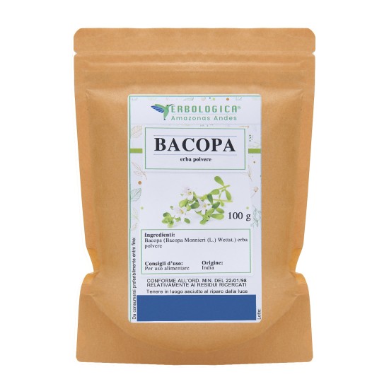 Bacopa Erba in Polvere Erbologica 100g Confezione da 100g di Bacopa erba in polvere Erbologica in busta kraft su sfondo bianco.