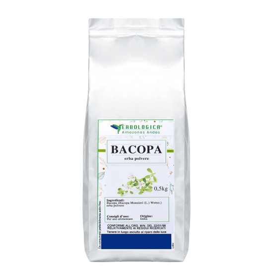 Bacopa Erba in Polvere 500g Erbologica Amazonas Andes Confezione da 500g di Bacopa erba in polvere Erbologica in busta argentata su sfondo bianco.