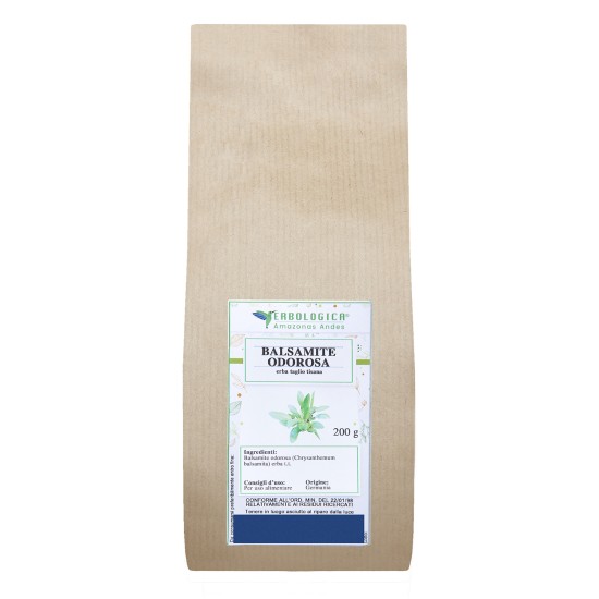 Balsamite Odorosa Erba Taglio Tisana Erbologica 200g Confezione da 200g di Balsamite Odorosa erba taglio tisana Erbologica in sacchetto kraft su sfondo bianco.