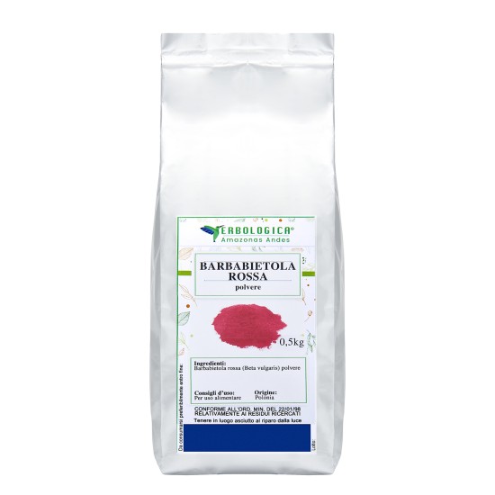 Busta argentata da 500g di Barbabietola Rossa in polvere Erbologica Amazonas Andes su sfondo bianco.
