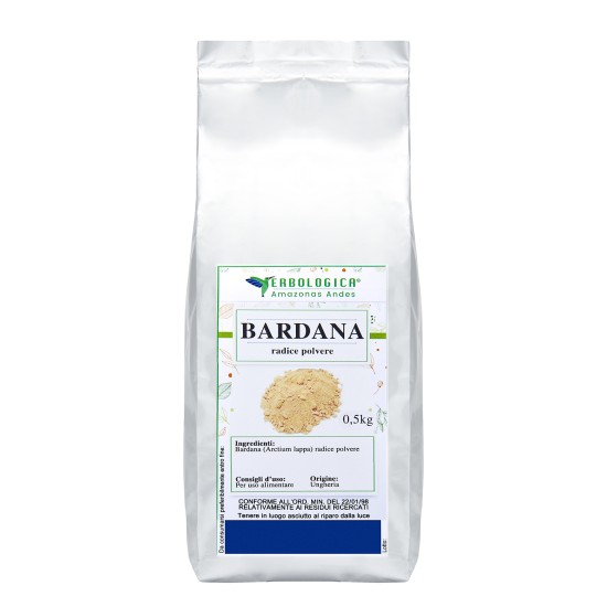 Busta argentata da 500g di Bardana radice in polvere Erbologica Amazonas Andes