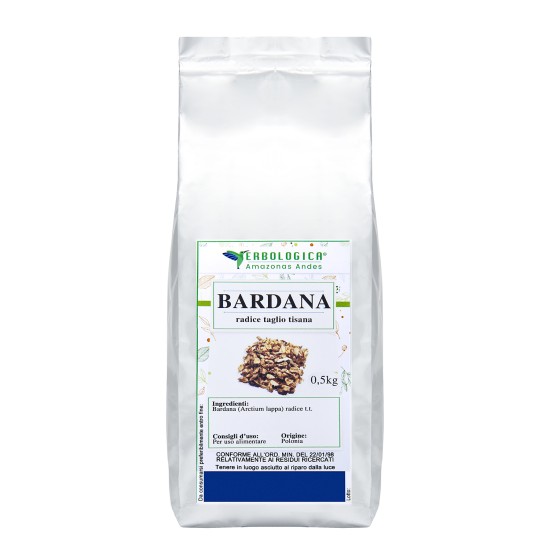 Erbologica Amazonas Andes Bardana Radice Taglio Tisana 500g Sacco Argentato Sacco argentato da 500g di Bardana radice taglio tisana Erbologica Amazonas Andes