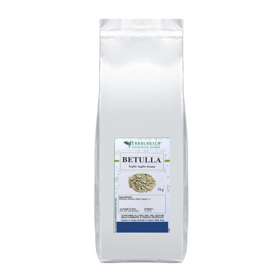 Confezione argentato da 1kg di Betulla Foglie Taglio Tisana (Betula alba) Erbologica Amazonas Andes con etichetta frontale prodotto.