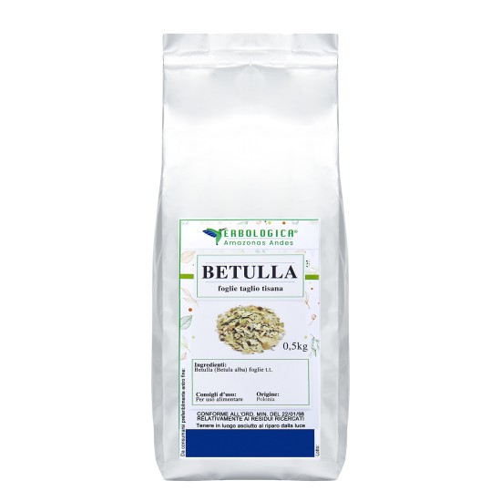 Pouch argentato da 500g di Betulla Foglie Taglio Tisana (Betula alba) Erbologica Amazonas Andes con etichetta frontale prodotto.
