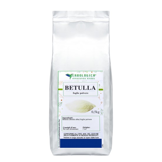 Betulla Foglie Polvere 500g Erbologica Amazonas Andes Pouch Argentato Pouch argentato da 500g di Betulla Foglie Polvere (Betula alba) Erbologica Amazonas Andes con etichetta frontale prodotto.