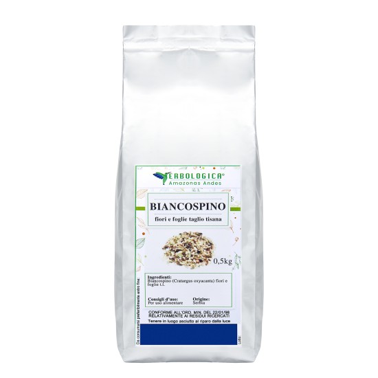 Biancospino Fiori e Foglie Taglio Tisana 500g Erbologica Amazonas Andes Pouch Argentato Pouch argentato da 500g di Biancospino Fiori e Foglie Taglio Tisana (Crataegus oxyacantha) Erbologica Amazonas Andes con etichetta frontale prodotto.