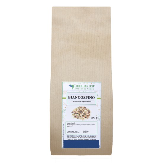 Biancospino Fiori e Foglie Taglio Tisana 200g Erbologica Amazonas Andes Busta Kraft Busta kraft da 200g di Biancospino Fiori e Foglie Taglio Tisana (Crataegus oxyacantha) Erbologica Amazonas Andes con etichetta frontale prodotto.