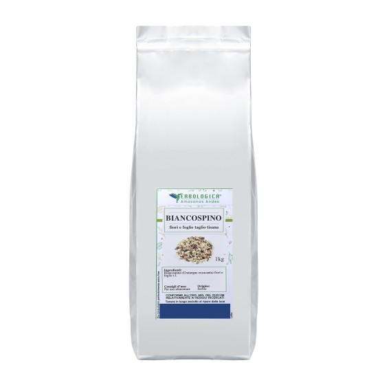 Biancospino Fiori e Foglie Taglio Tisana 1kg Erbologica Amazonas Andes Pouch Argentato Pouch argentato da 1kg di Biancospino Fiori e Foglie Taglio Tisana (Crataegus oxyacantha) Erbologica Amazonas Andes con etichetta frontale prodotto.