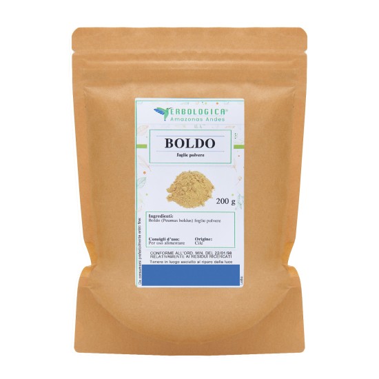 Boldo Foglie Polvere 200g Erbologica Amazonas Andes Sacchetto Kraft Busta kraft da 200g di Boldo Foglie Polvere Erbologica Amazonas Andes con etichetta botanica frontale.