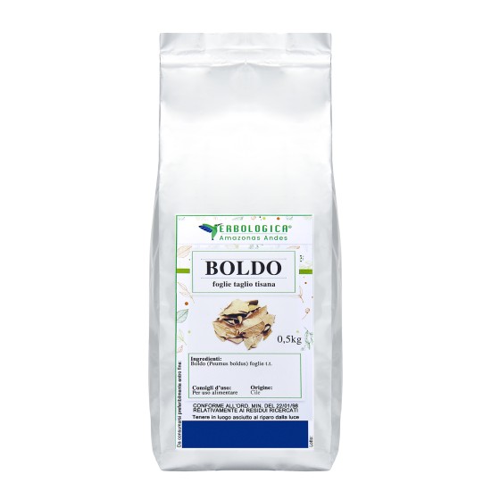 Sacco argentato da 500g di Boldo Foglie Taglio Tisana Erbologica Amazonas Andes con etichetta botanica frontale.