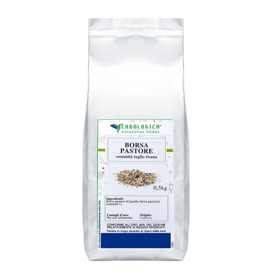 Pouch argentato da 500g di Borsa Pastore Sommità Taglio Tisana Erbologica Amazonas Andes con etichetta botanica frontale.