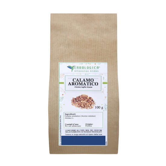 Calamo Aromatico Rizoma Taglio Tisana 100g Erbologica Amazonas Andes Sacchetto Kraft Sacchetto kraft da 100g di Calamo Aromatico (Acorus calamus) rizoma taglio tisana Erbologica Amazonas Andes con etichetta botanica frontale e immagine del rizoma tagliato.