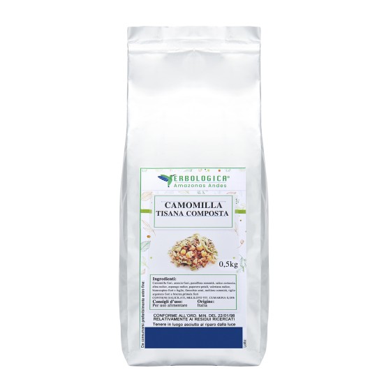 Camomilla Tisana Composta 500g Erbologica Amazonas Andes Pouch Argentato Pouch argentato da 500g di Camomilla Tisana Composta Erbologica Amazonas Andes con miscela di erbe officinali per infuso e tisana.
