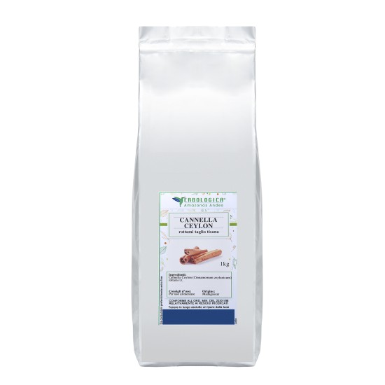 Pouch argentato da 1kg di Cannella Ceylon rottami taglio tisana (Cinnamomum zeylanicum) Erbologica Amazonas Andes.