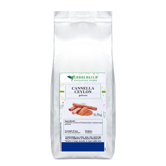 Cannella Ceylon Polvere 500g Erbologica Amazonas Andes Pouch Argentato Pouch argentato da 500g di Cannella Ceylon in polvere (Cinnamomum zeylanicum) Erbologica Amazonas Andes.
